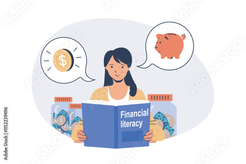 Financial literacy web concept with flat cartoon people for website design.