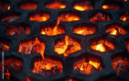 Flames licking through grates of a wood-burning grill, glowing red and orange close-up