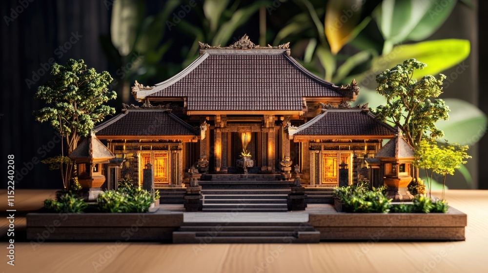 Illuminated miniature Asian temple model on wooden surface. Illuminated miniature Asian temple model on wooden surface.