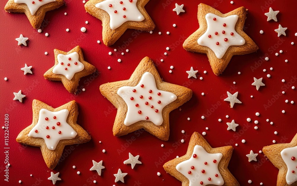 Gingerbread cookies shaped like stars flying on a festive red background Gingerbread cookies shaped like stars flying on a festive red background