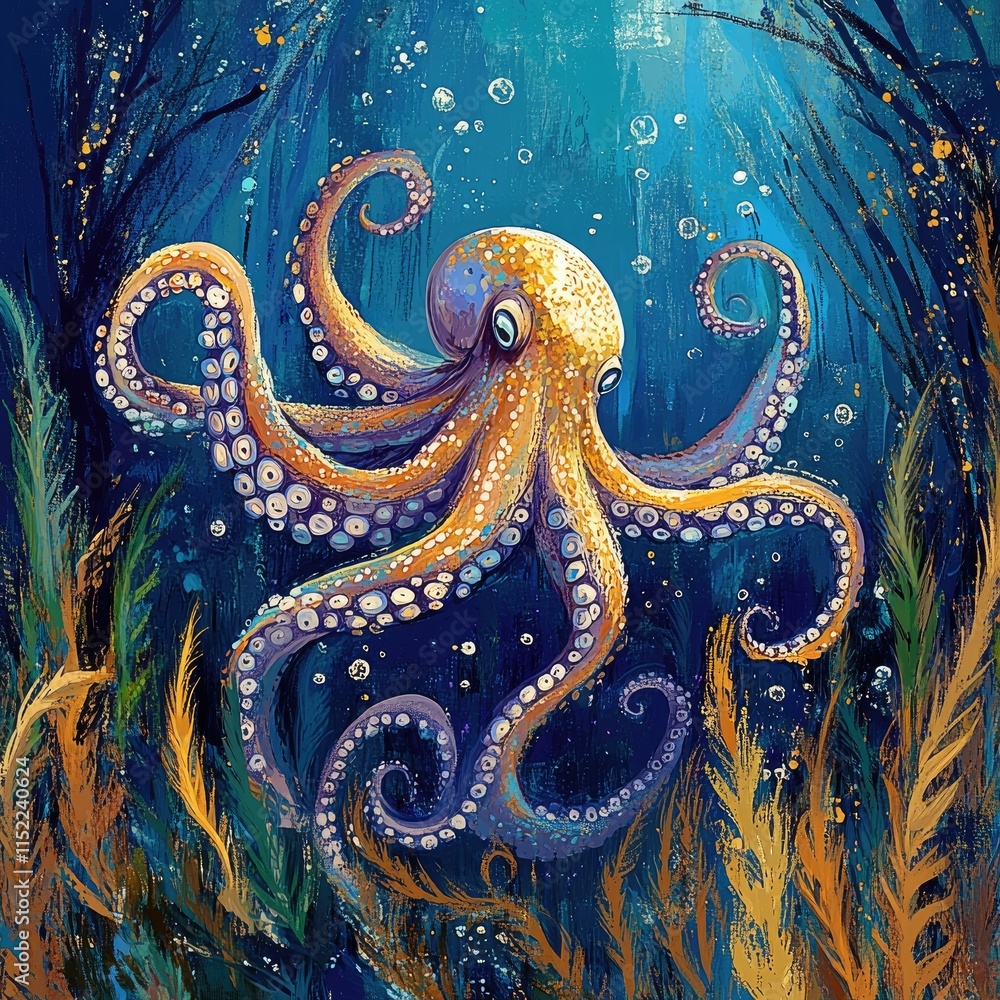 Obraz premium Vibrant Octopus Swims Amidst Ocean Kelp