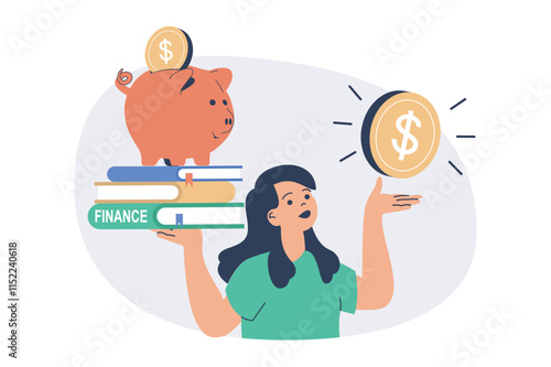 Financial literacy web concept with flat cartoon people for website design.