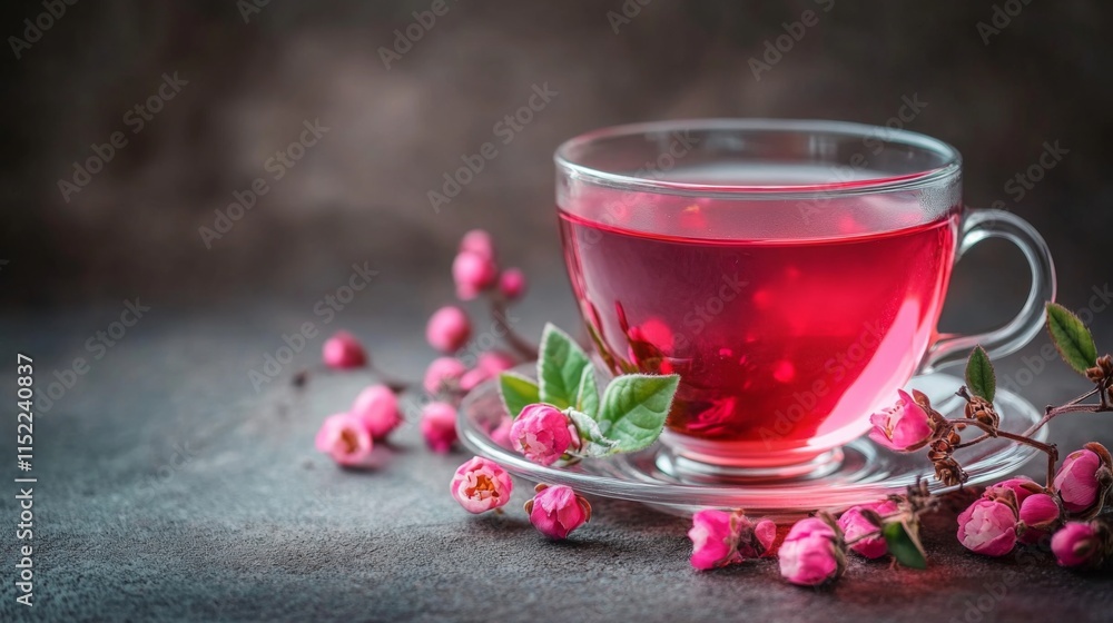Vibrant Tea in Glass Cup with Floral Accents Vibrant Tea in Glass Cup with Floral Accents