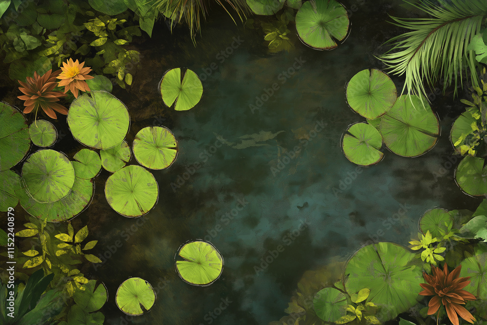 Serenity of a tranquil pond surrounded by vibrant lilies and lush greenery in summer sunlight. Generative AI Serenity of a tranquil pond surrounded by vibrant lilies and lush greenery in summer sunlight. Generative AI