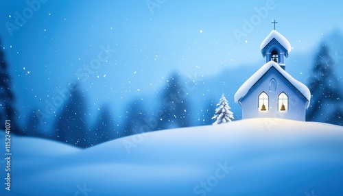 Wallpaper Mural A serene winter scene featuring a quaint church surrounded by snow-covered hills and pine trees, softly illuminated under a blue sky. Torontodigital.ca