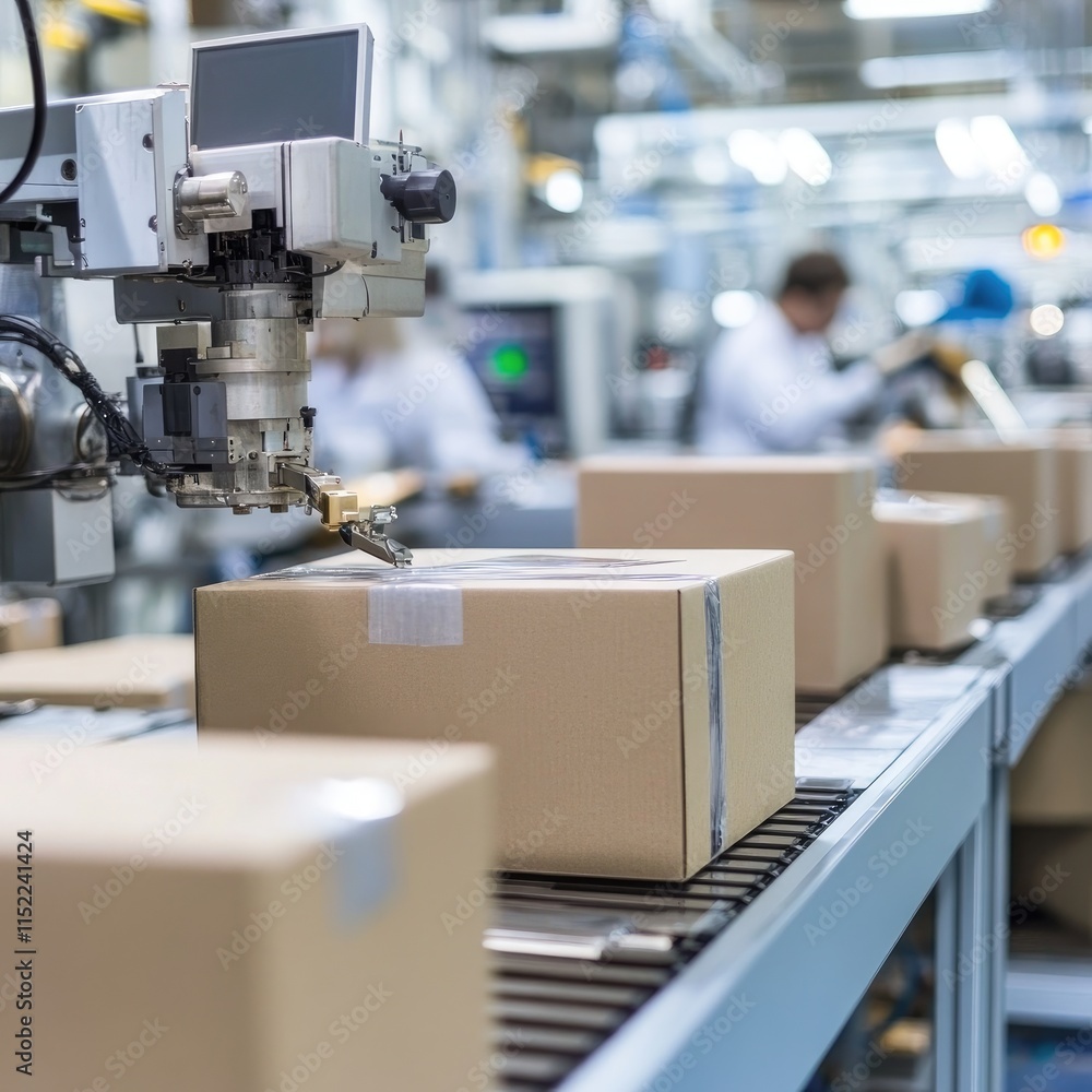 A robotic arm packaging boxes on a conveyor belt in a modern industrial setting. A robotic arm packaging boxes on a conveyor belt in a modern industrial setting.