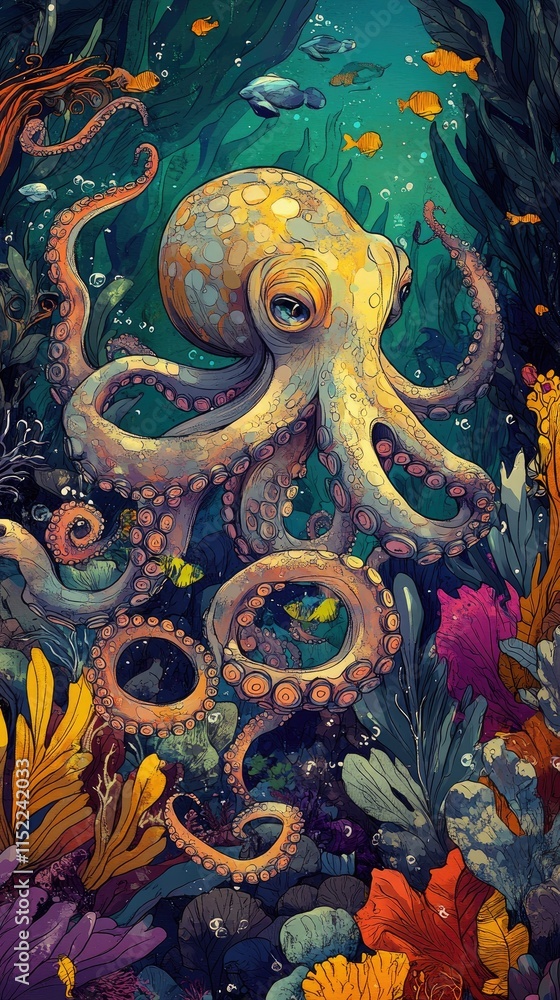 Obraz premium Artistic Octopus in Vibrant Underwater Reef Habitat
