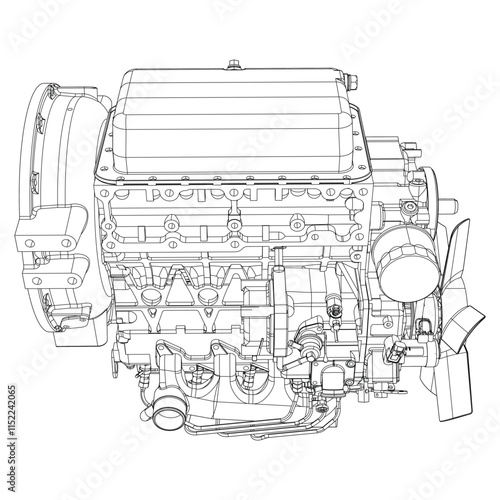An internal combustion motor. The drawing engine of the machine in section, illustrating the inner structure - the cylinders, pistons, the spark plug. Isolated on white background.