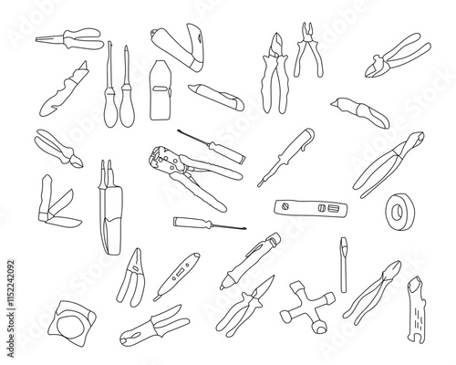 Building construction vector work tools, construction instruments for repair, woodworking and renovation. Home remodeling, carpentry and masonry building tools, electric drill, screwdriver and saw. 