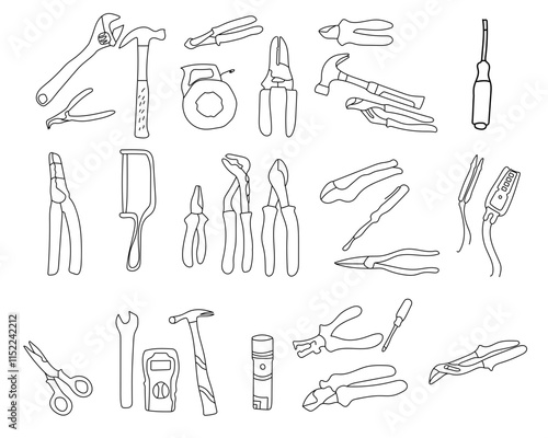 Construction tools glyph vector set. Renovation and repair instruments. Silhouette vector construction. Glass cutter, combination pliers, heat gun, wood chisel. Vector construction tools illustration