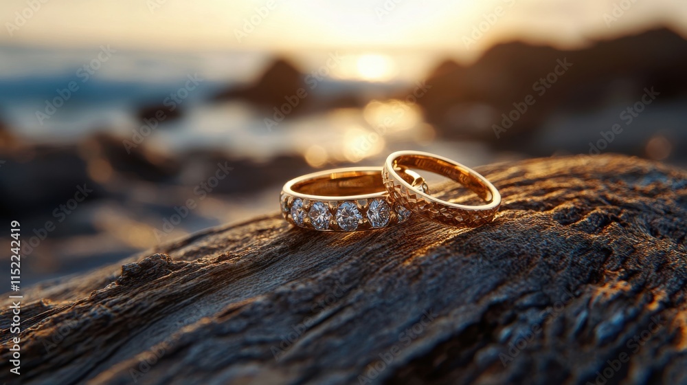 Artistic shot of wedding rings on a piece of driftwood, highlighting their natural beauty Artistic shot of wedding rings on a piece of driftwood, highlighting their natural beauty