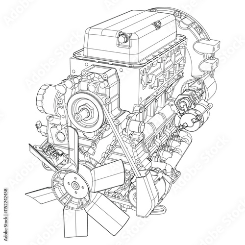 An internal combustion motor. The drawing engine of the machine in section, illustrating the inner structure - the cylinders, pistons, the spark plug. Isolated on white background.