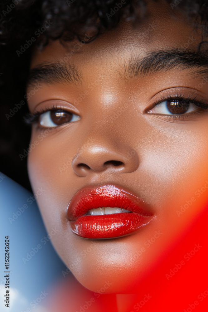 A person highlights flawless skin and striking red lips, capturing attention with beauty A person highlights flawless skin and striking red lips, capturing attention with beauty