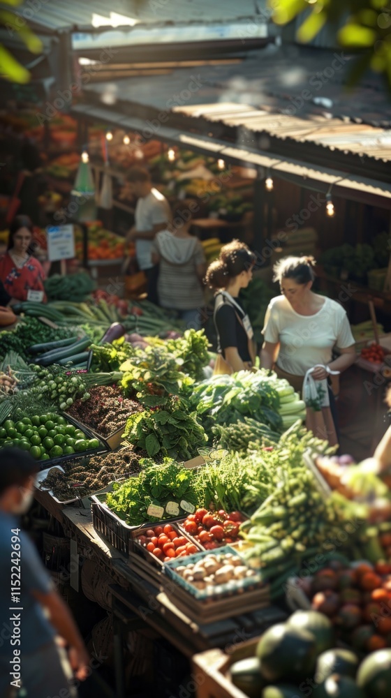 Sunny outdoor market with shoppers browsing fresh produce. Sunny outdoor market with shoppers browsing fresh produce.