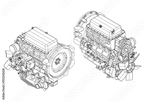 An internal combustion motor. The drawing engine of the machine in section, illustrating the inner structure - the cylinders, pistons, the spark plug. Isolated on white background.