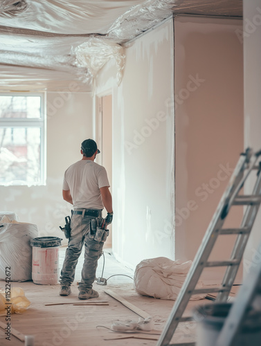 Worker applying finishing touches to interior walls during renovation in a clean, modern space with construction tools nearby