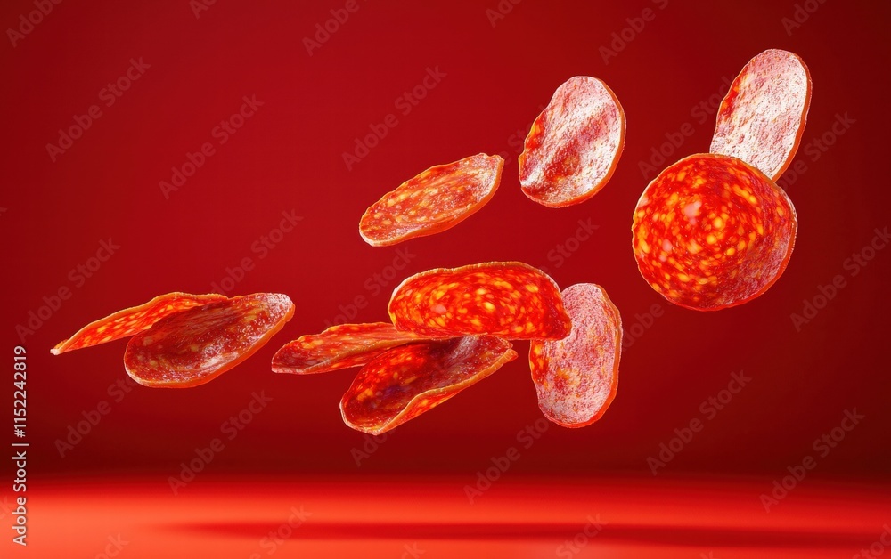 Fototapeta premium Thinly sliced pepperoni spinning mid-air on a bold red background
