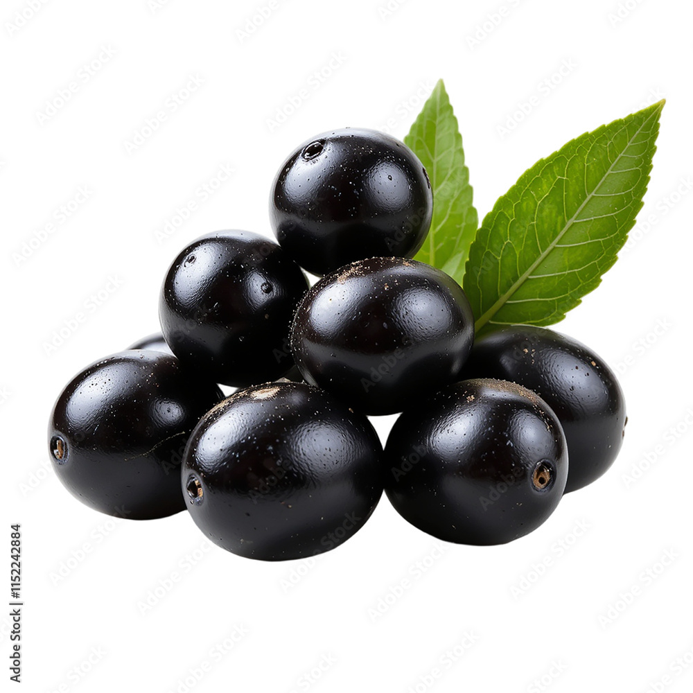 Cluster of Glossy Black Currants with Vibrant Green Leaf Cluster of Glossy Black Currants with Vibrant Green Leaf