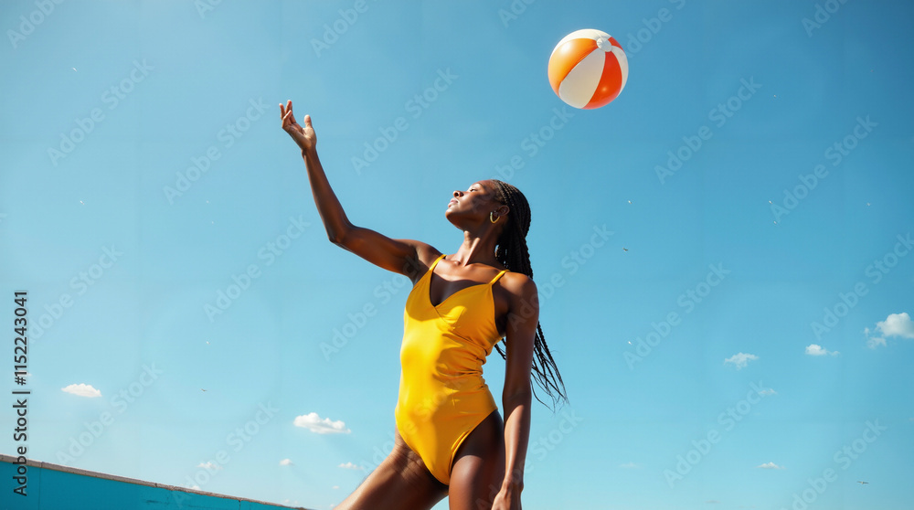 Fototapeta premium Confident african american woman in yellow swimsuit playing with a beach ball under clear blue skies, concept of empowerment, summer, and freedom