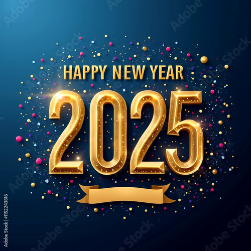 Stunning 2025 Happy New Year Card in Gold and Blue with Glittering Celebration Theme