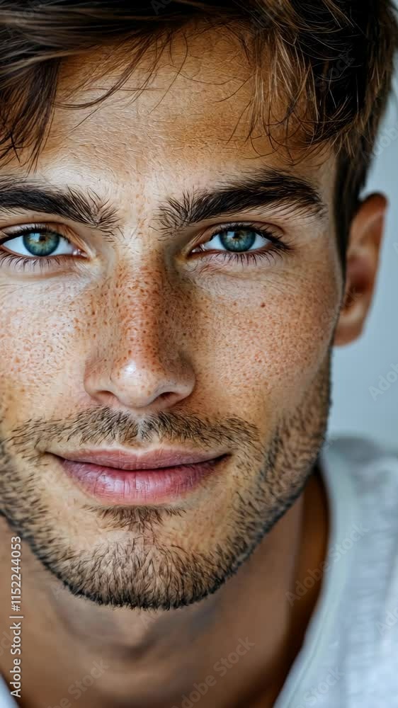 Young man with striking blue eyes and freckles poses for a close-up portrait against a neutral background Young man with striking blue eyes and freckles poses for a close-up portrait against a neutral background