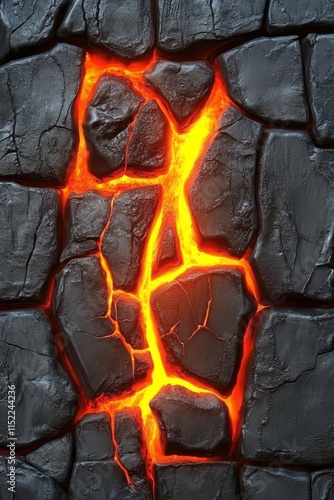 Molten Lava Flowing Through Cracks in Dark Volcanic Rock, Abstract Texture, Nature s Fury photo