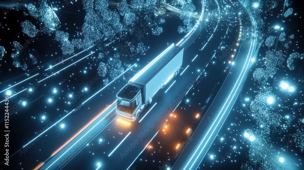 Obraz premium Autonomous semi-truck driving on a futuristic highway at night with glowing data streams.