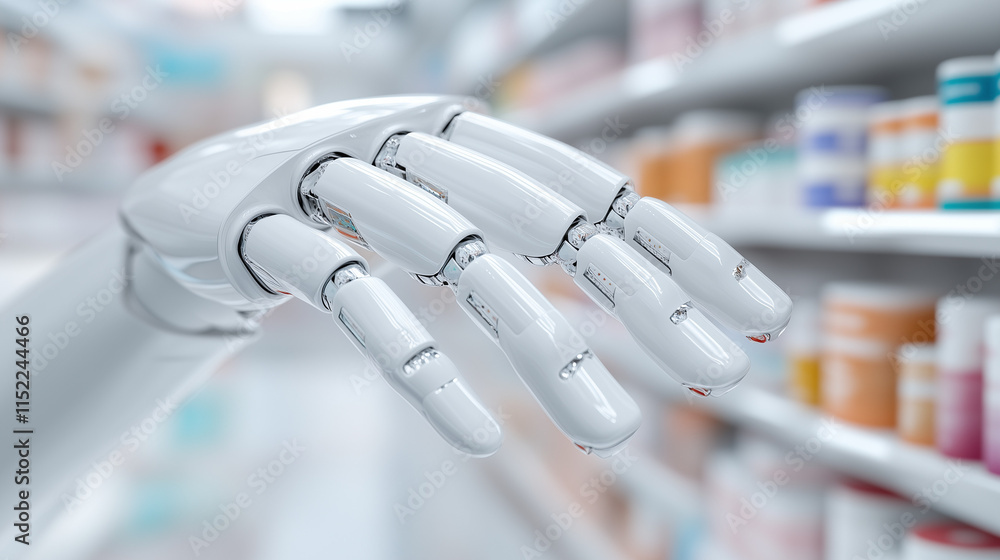 A futuristic robotic hand reaches out toward medicine in a well-organized pharmacy aisle A futuristic robotic hand reaches out toward medicine in a well-organized pharmacy aisle