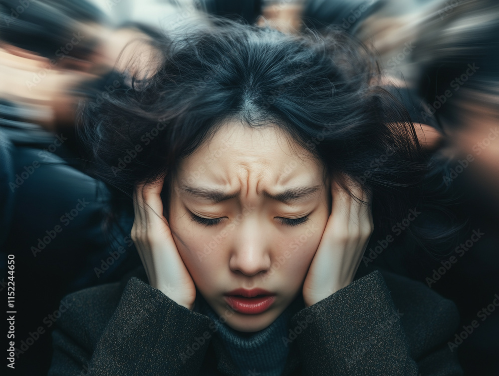 A woman covers her ears in a bustling crowd, showing signs of stress and anxiety A woman covers her ears in a bustling crowd, showing signs of stress and anxiety