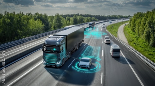 Autonomous truck and car driving on highway with digital interface.