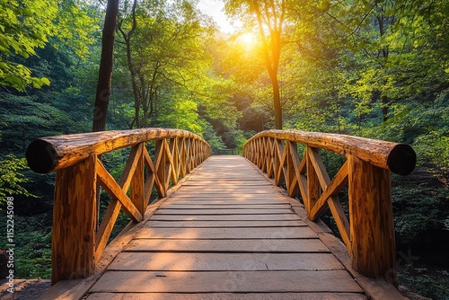 Wooden bridge leads through lush greenery, illuminated by warm s photo