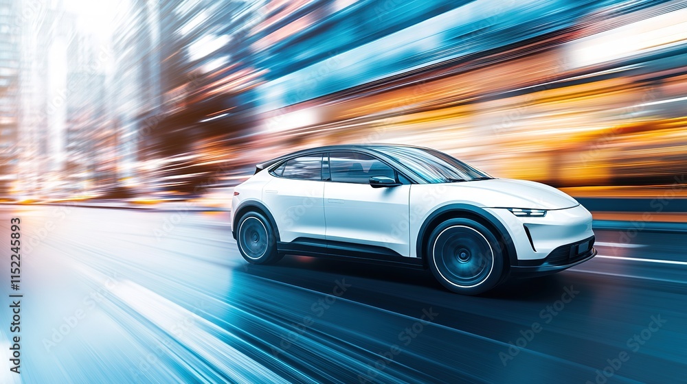 Sleek electric car speeds through vibrant city, showcasing dynam Sleek electric car speeds through vibrant city, showcasing dynam