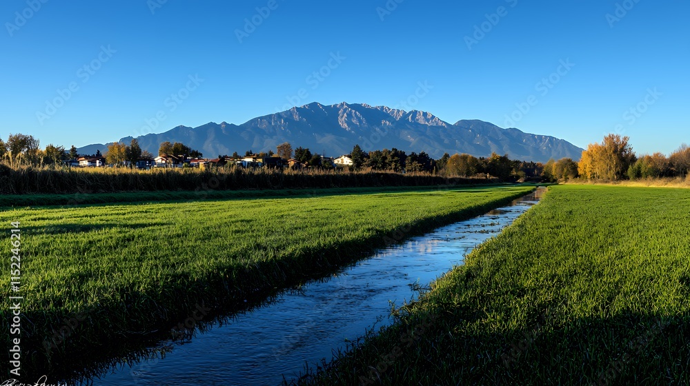Serene Mountain Vista: A Tranquil Canal Through Lush Green Fields Serene Mountain Vista: A Tranquil Canal Through Lush Green Fields
