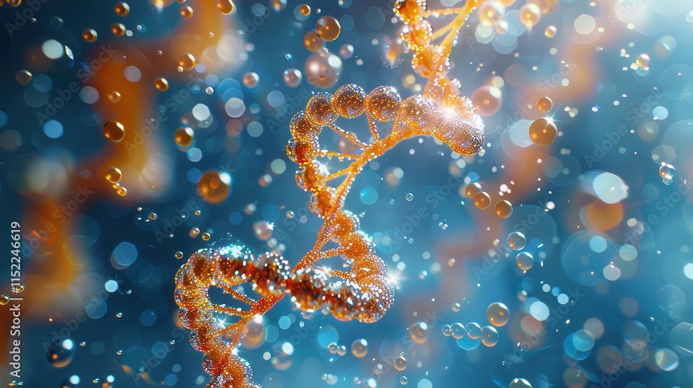 Majestic red DNA double helix spiral with sparkling light bokeh and bubbles, set against a beautiful blue background Majestic red DNA double helix spiral with sparkling light bokeh and bubbles, set against a beautiful blue background