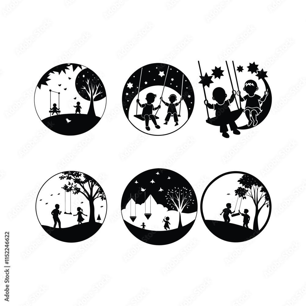 Obraz premium duel kids and young playing and swinging in summer under tree and star