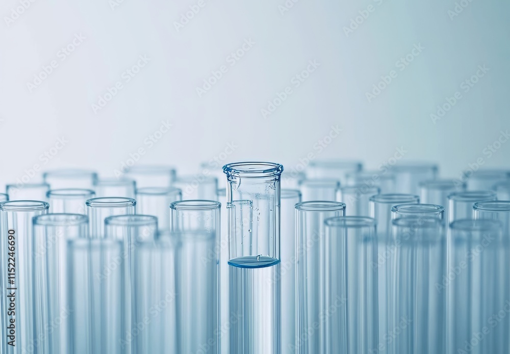 A photo of clear test tubes arranged in rows, with the focus on one tube containing an unknown liquid. The background is white and has subtle hints of blue color. There's no text or other elements vis A photo of clear test tubes arranged in rows, with the focus on one tube containing an unknown liquid. The background is white and has subtle hints of blue color. There's no text or other elements vis