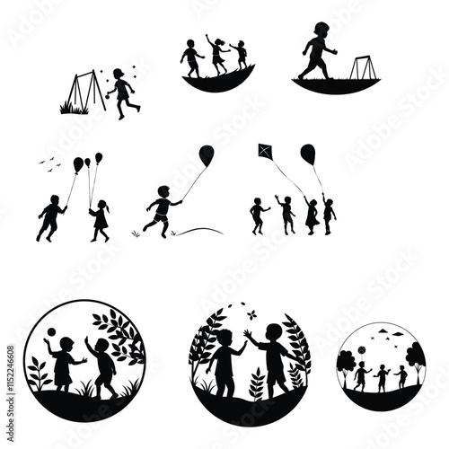 childern are playing in park with kite and ball silhouette vector bundle