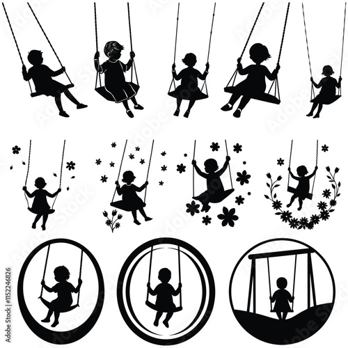 single kids and young playing and swinging in summer and new nature vector
