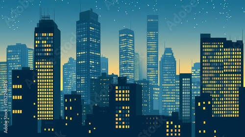A stylized city skyline at dusk with illuminated windows and a starry sky.