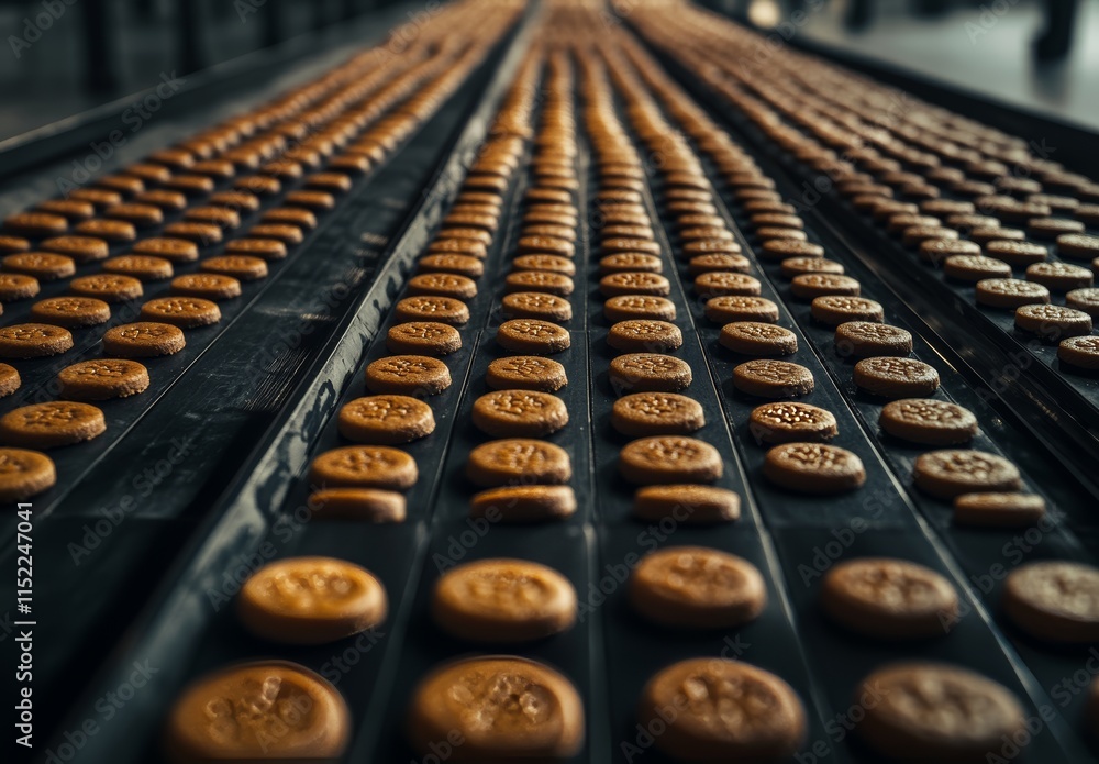 A photo of rows and rows of small cookies on an industrial conveyor belt, shot from above. The cookie shapes should be round or oval in shape with visible crusts. They could have different colors, suc A photo of rows and rows of small cookies on an industrial conveyor belt, shot from above. The cookie shapes should be round or oval in shape with visible crusts. They could have different colors, suc