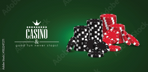 Casino advertising design with a set of red and black playing chips on a green background. High detailed realistic illustration.