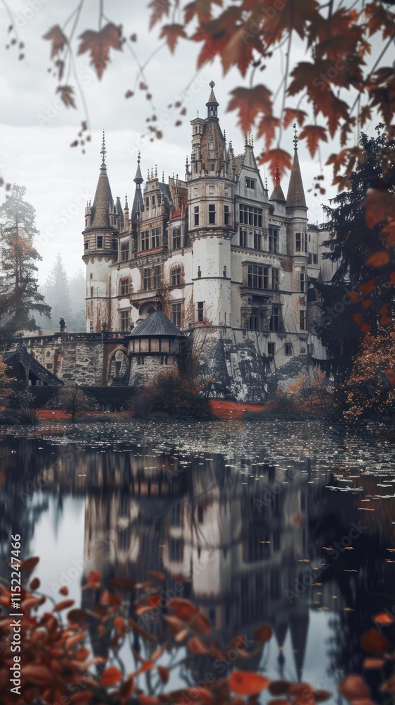 Majestic castle reflected in calm autumn lake, surrounded by red leaves and fog. Majestic castle reflected in calm autumn lake, surrounded by red leaves and fog.
