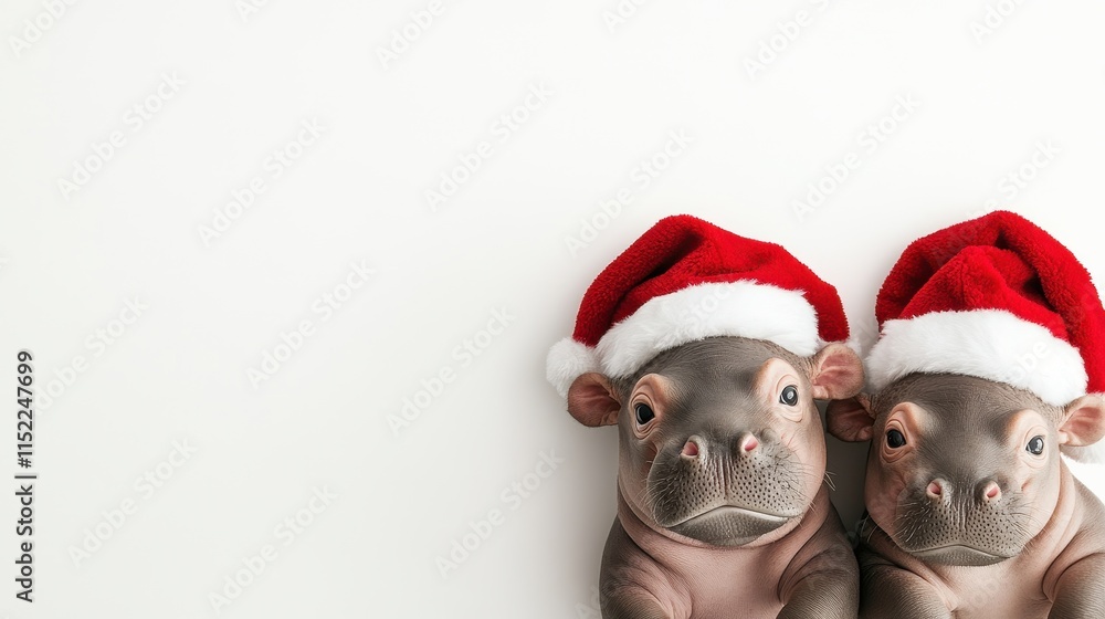 Adorable Pygmy Hippopotamus Twins in Santa Hats Adorable Pygmy Hippopotamus Twins in Santa Hats