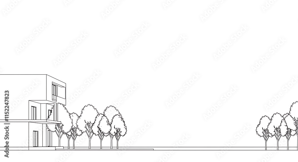 Architectural Drawings, Minimal style cad tree line drawing, Side view, set of section mountain forest outline symbol for landscape design drawing. Vector illustration in stroke fill in white. Architectural Drawings, Minimal style cad tree line drawing, Side view, set of section mountain forest outline symbol for landscape design drawing. Vector illustration in stroke fill in white.