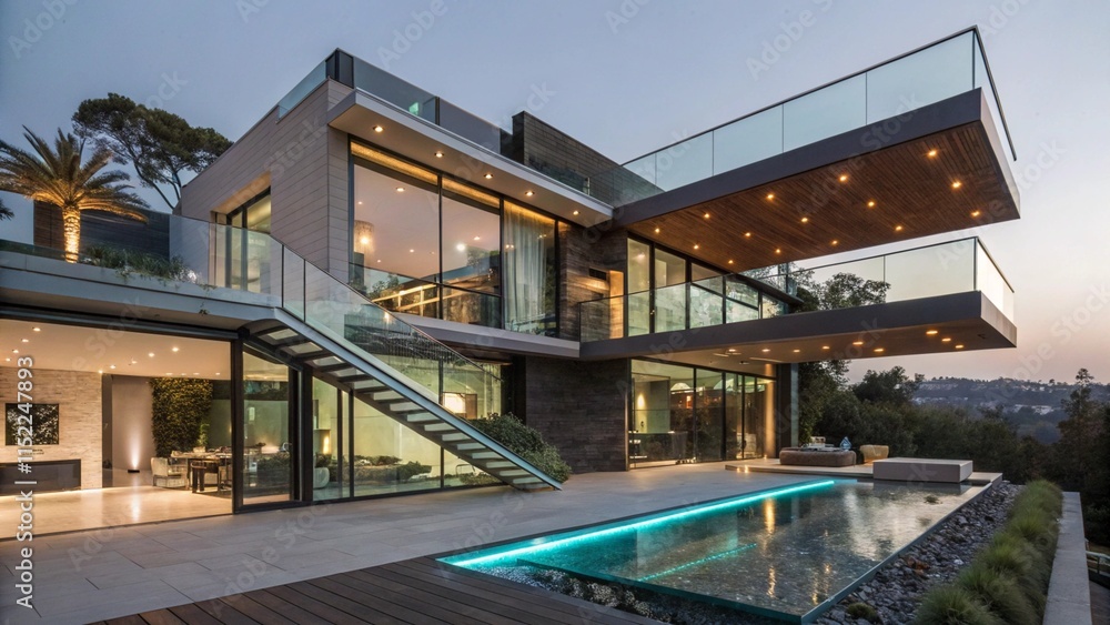 Obraz premium A luxurious contemporary home with large expanses of glass, a minimalist design, and a seamless indoor-outdoor flow. 
