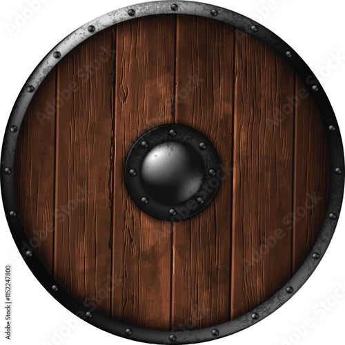 Viking shields design. Wooden shield wrought iron in retro style. Highly realistic illustration.