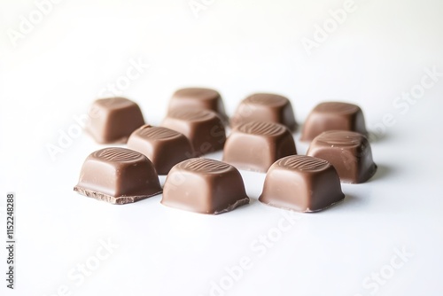 cluster of small chocolate bites arranged neatly on smooth white surface under bright studio lighting photo