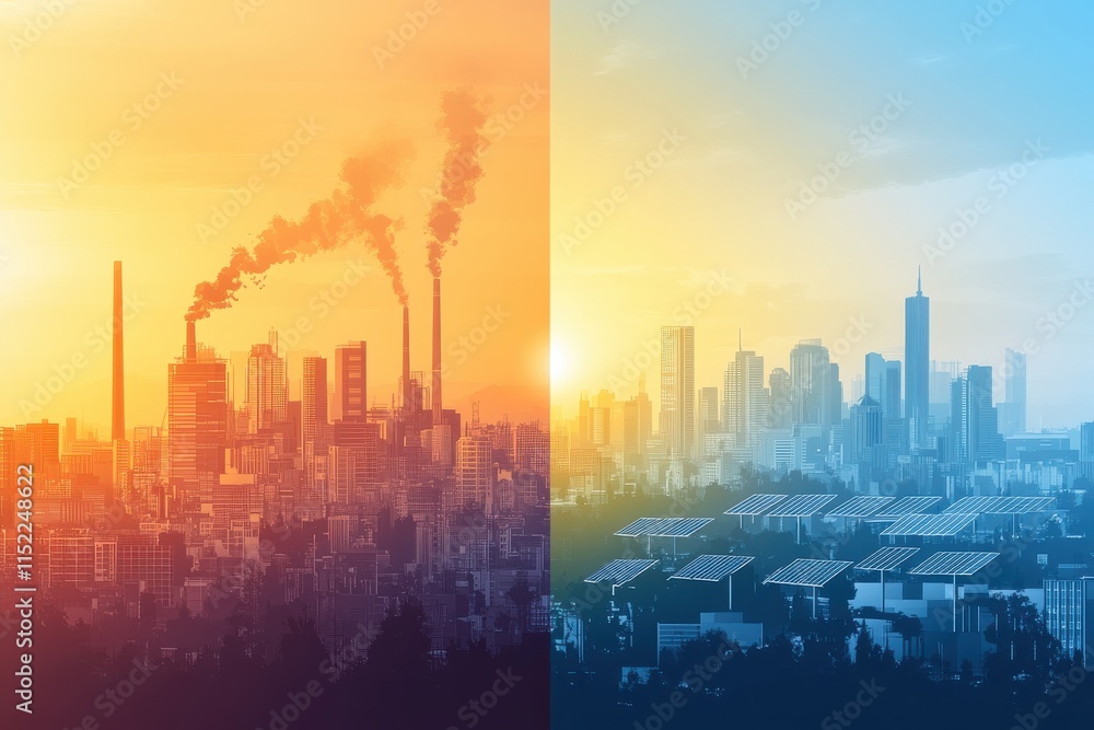 Split View of a City Divided by Pollution and Clean Energy: One Side Filled with Smog and Factories, the Other with Green Parks and Solar Panels Split View of a City Divided by Pollution and Clean Energy: One Side Filled with Smog and Factories, the Other with Green Parks and Solar Panels