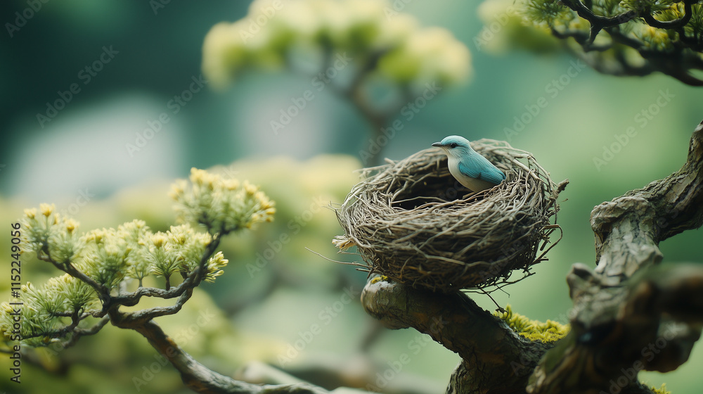 A small blue bird perches in a woven nest nestled within branches adorned with lush yellow-green leaves, creating a peaceful atmosphere in nature during daytime. A small blue bird perches in a woven nest nestled within branches adorned with lush yellow-green leaves, creating a peaceful atmosphere in nature during daytime.