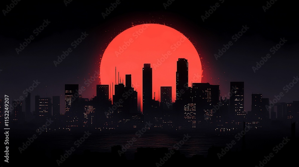 Naklejka premium Red sun sets over dark city skyline.